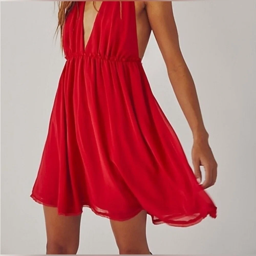 FREE PEOPLE XL Feminine Esme Mini Brilliant Blue Halter Chiffon Satin Strap SEXY - Picture 4 of 15
